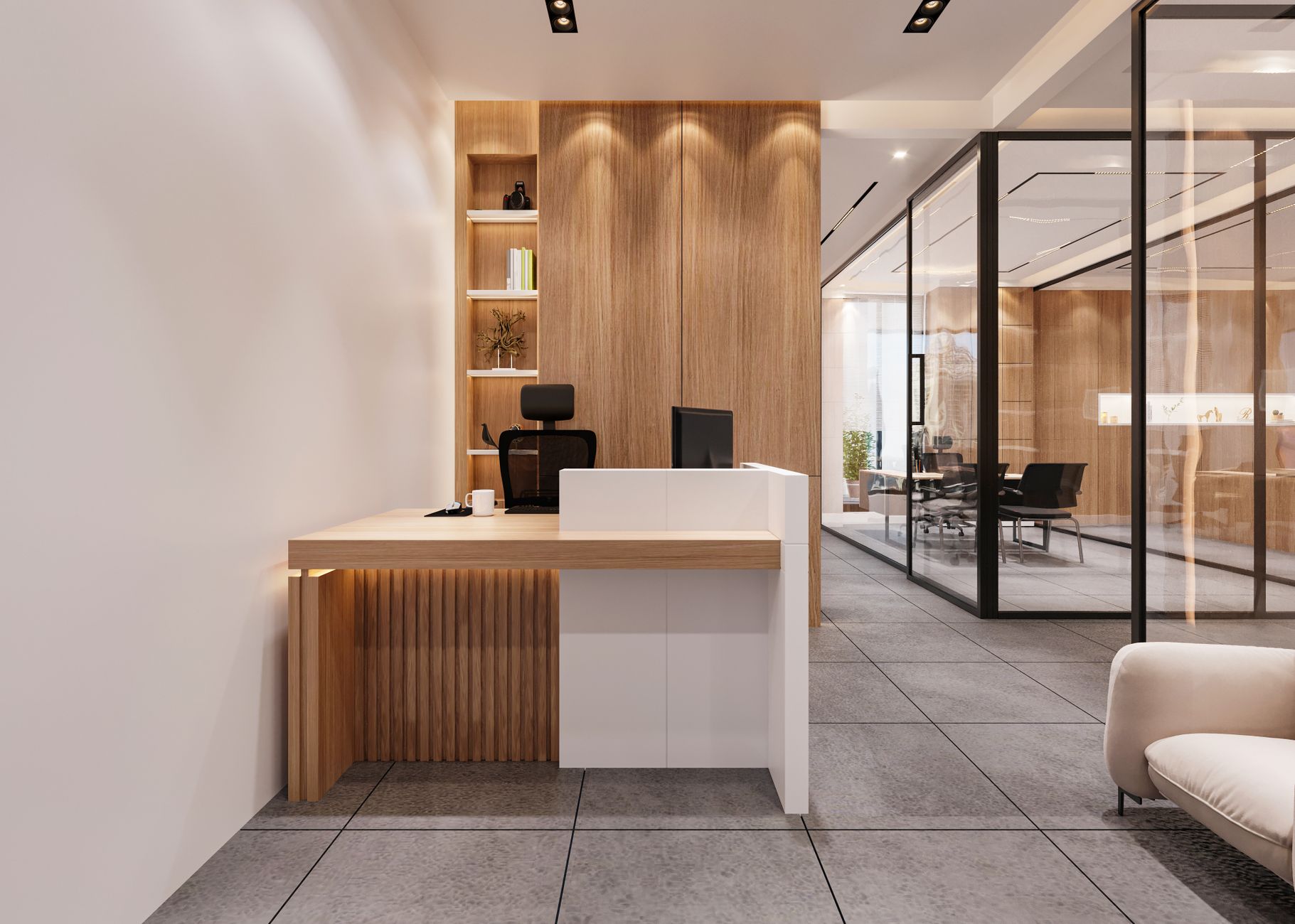 Corporate office lobby in high tech tower in downtown Singapore